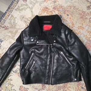 Mango Black Leather Jacket with Shearling Detail